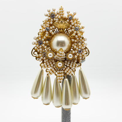 Vintage Art Deco Pearl Beaded Gold-Plated Statement Overcoat Brooch