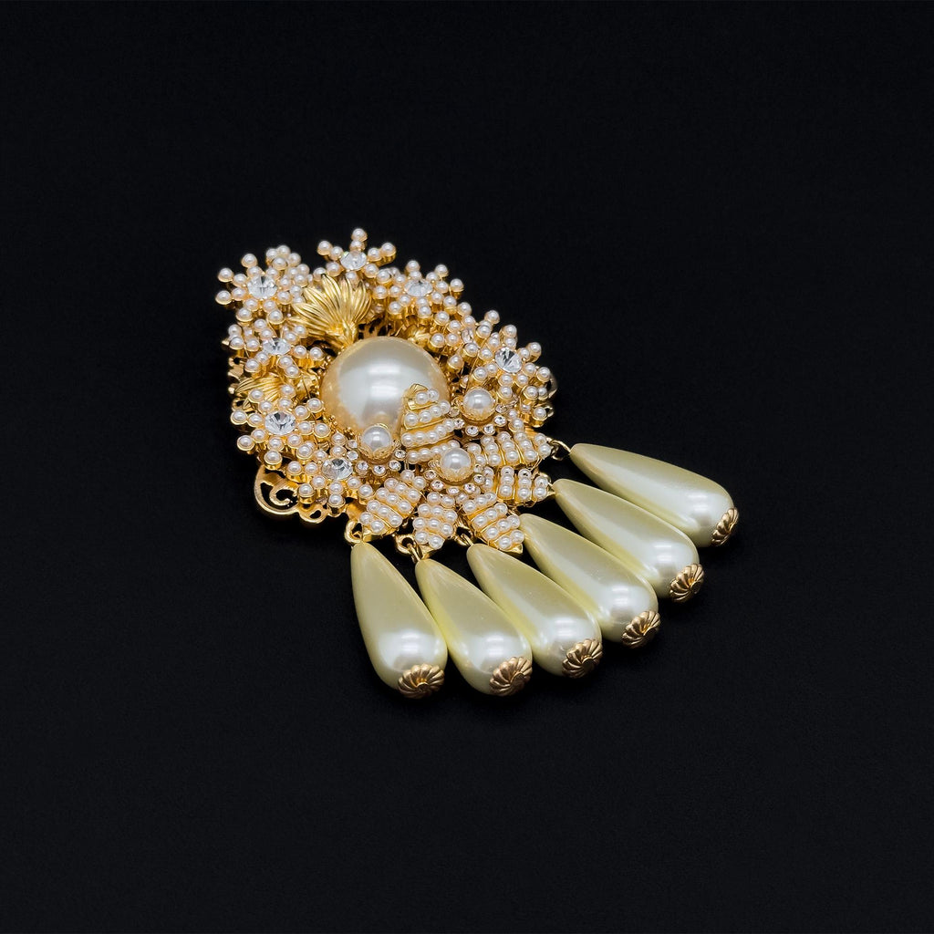 Vintage Art Deco Pearl Beaded Gold-Plated Statement Overcoat Brooch