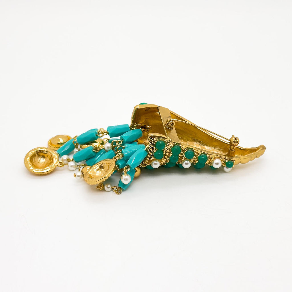 Vintage Art Deco Conch Shell Brooch 18K Gold-Plated Pearl Fringe