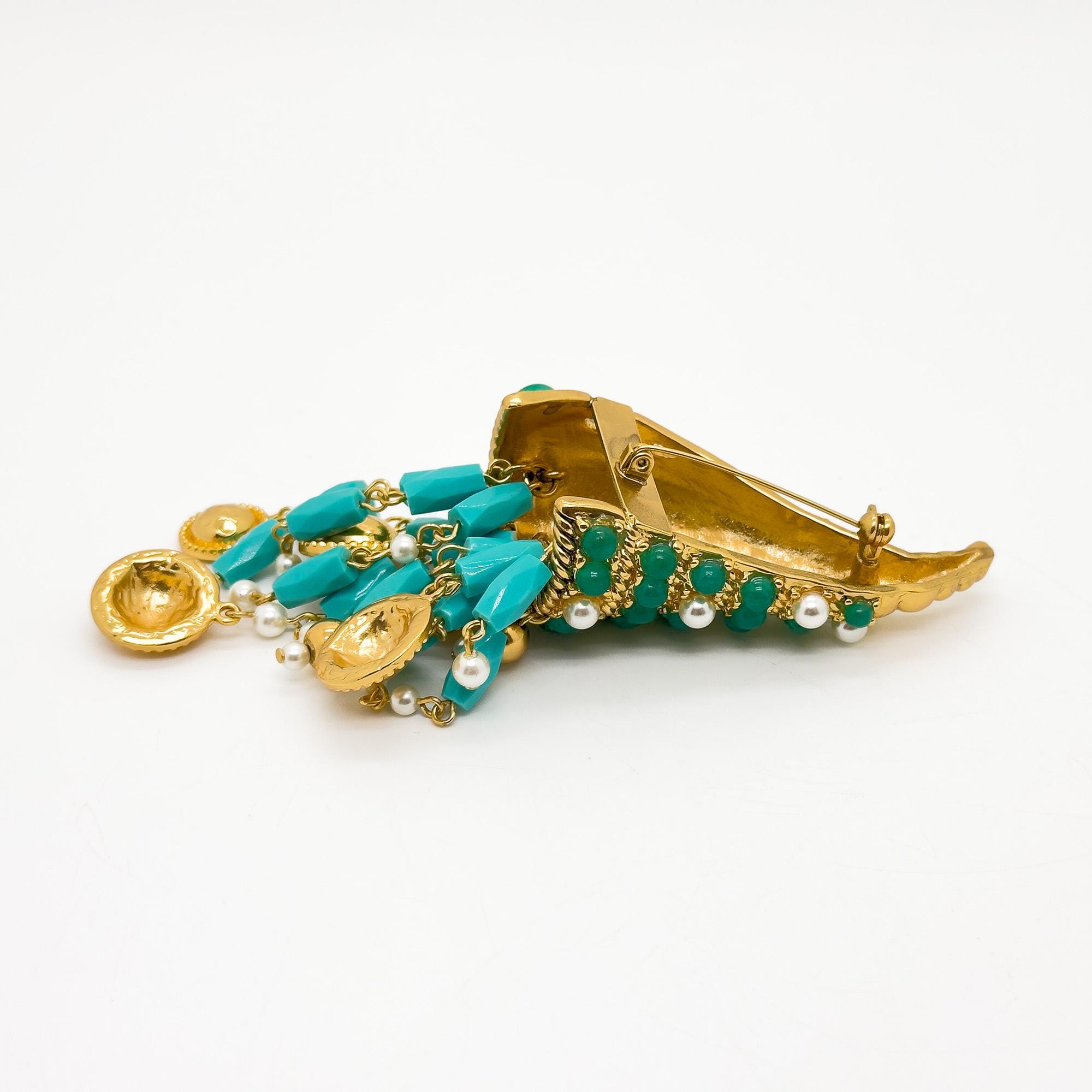 Vintage Art Deco Conch Shell Brooch 18K Gold-Plated Pearl Fringe