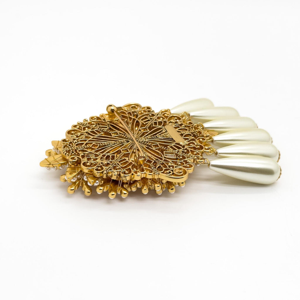 Vintage Art Deco Pearl Beaded Gold-Plated Statement Overcoat Brooch