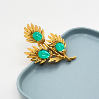 Vintage Art Deco 3D Leaf Brooch Gold-Plated Glass Accent