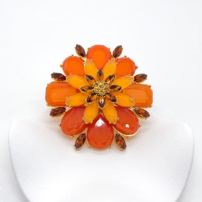 Vintage Art Deco 3D Red Flower Crystal Glass Copper Brooch