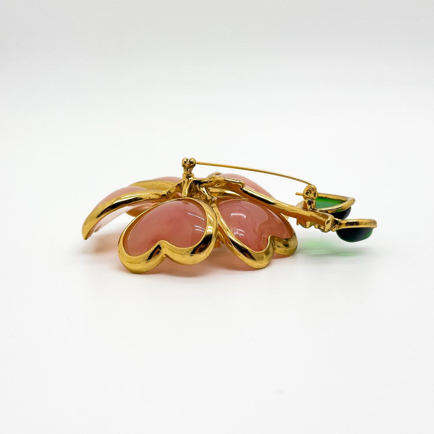 Vintage Art Deco Pink 3D Flower Brooch Glass Copper Pin