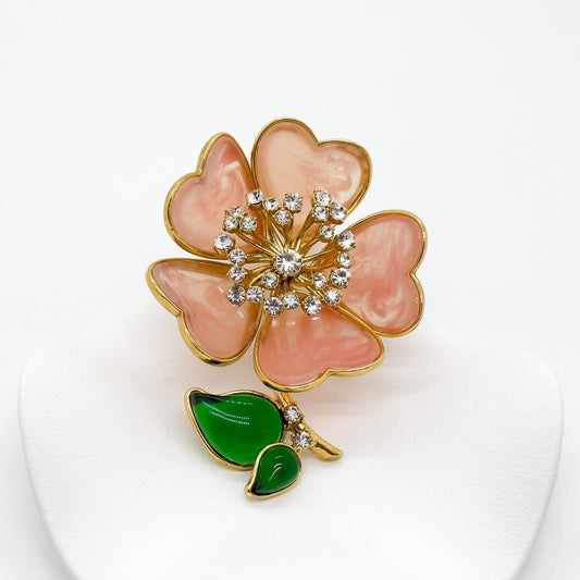 Vintage Art Deco Pink 3D Flower Brooch Glass Copper Pin