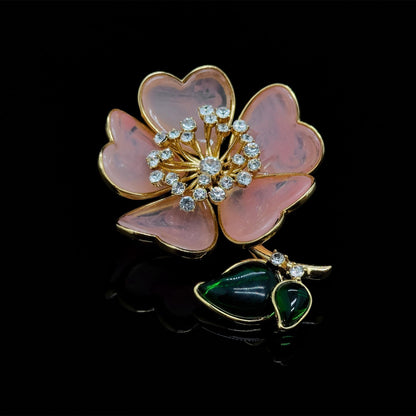 Vintage Art Deco Pink 3D Flower Brooch Glass Copper Pin