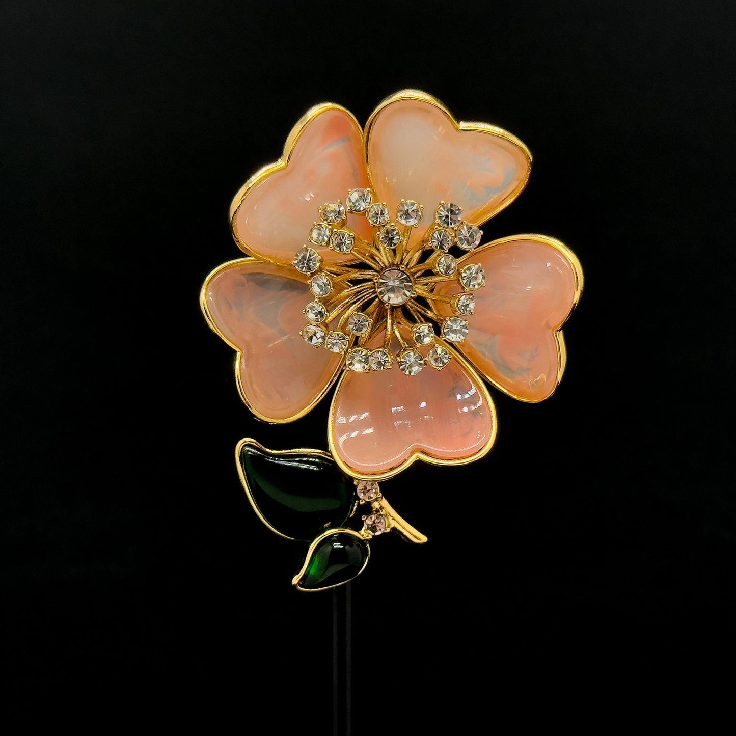 Vintage Art Deco Pink 3D Flower Brooch Glass Copper Pin