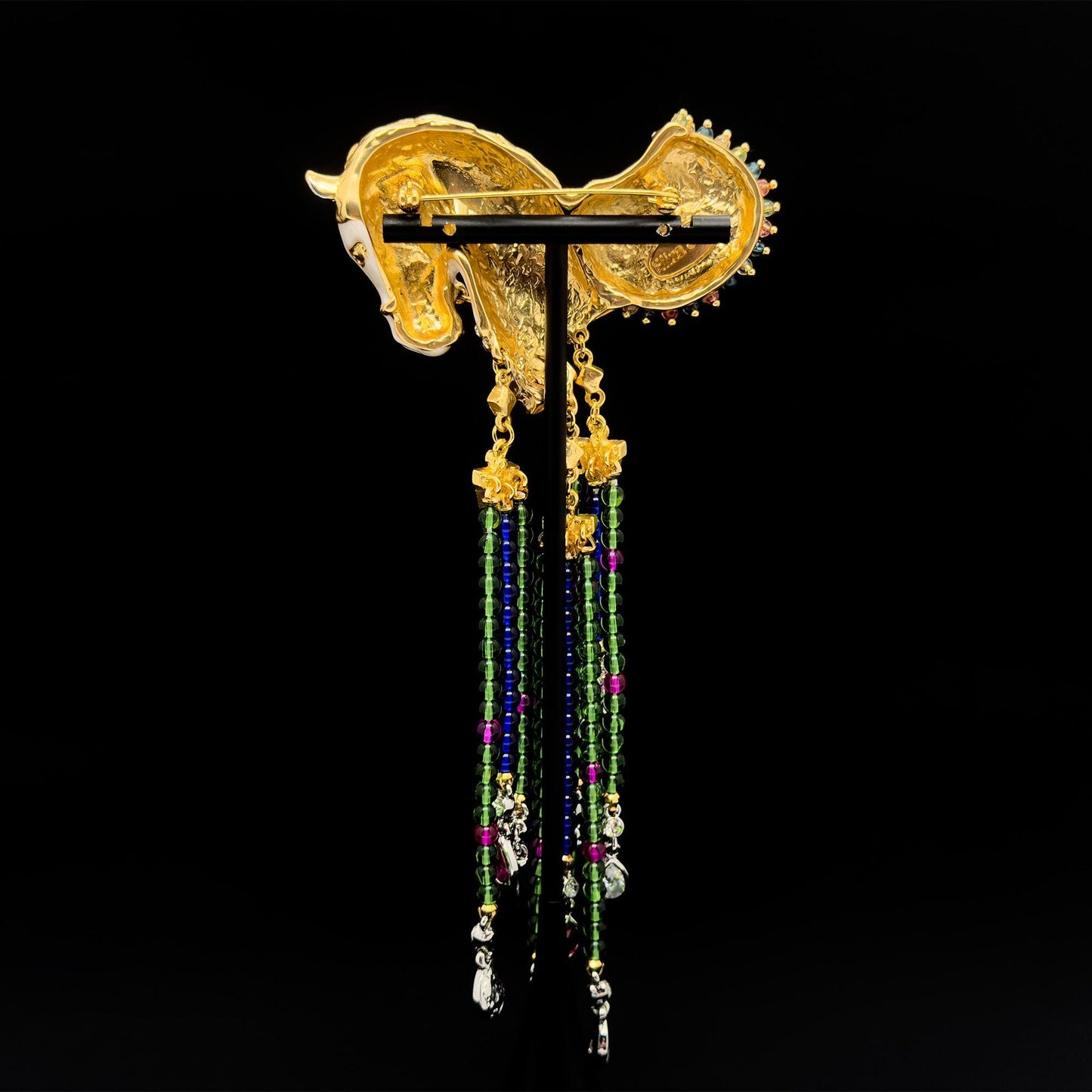 Vintage Art Deco White Horse Beaded Tassel Enamel Brooch Statement