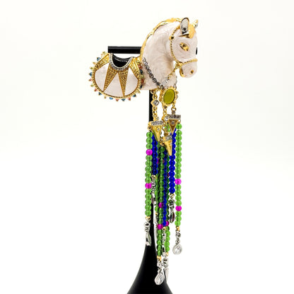 Vintage Art Deco White Horse Beaded Tassel Enamel Brooch Statement