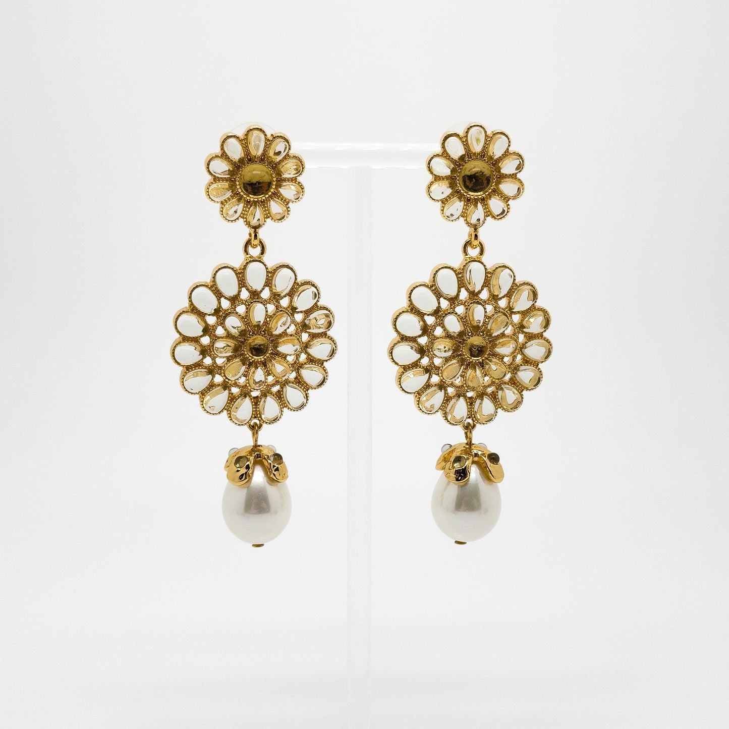 Gold-Plated Sunflower Pearl Tassel Earrings, Floral Vintage French Style