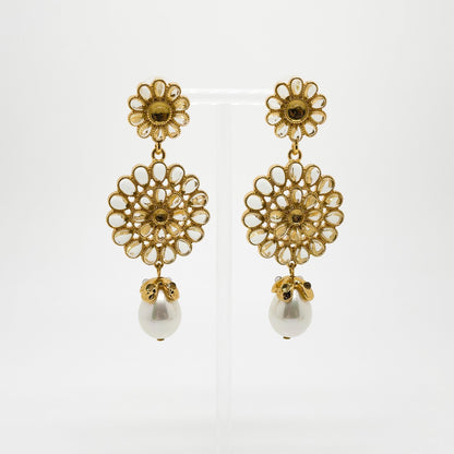 Gold-Plated Sunflower Pearl Tassel Earrings, Floral Vintage French Style