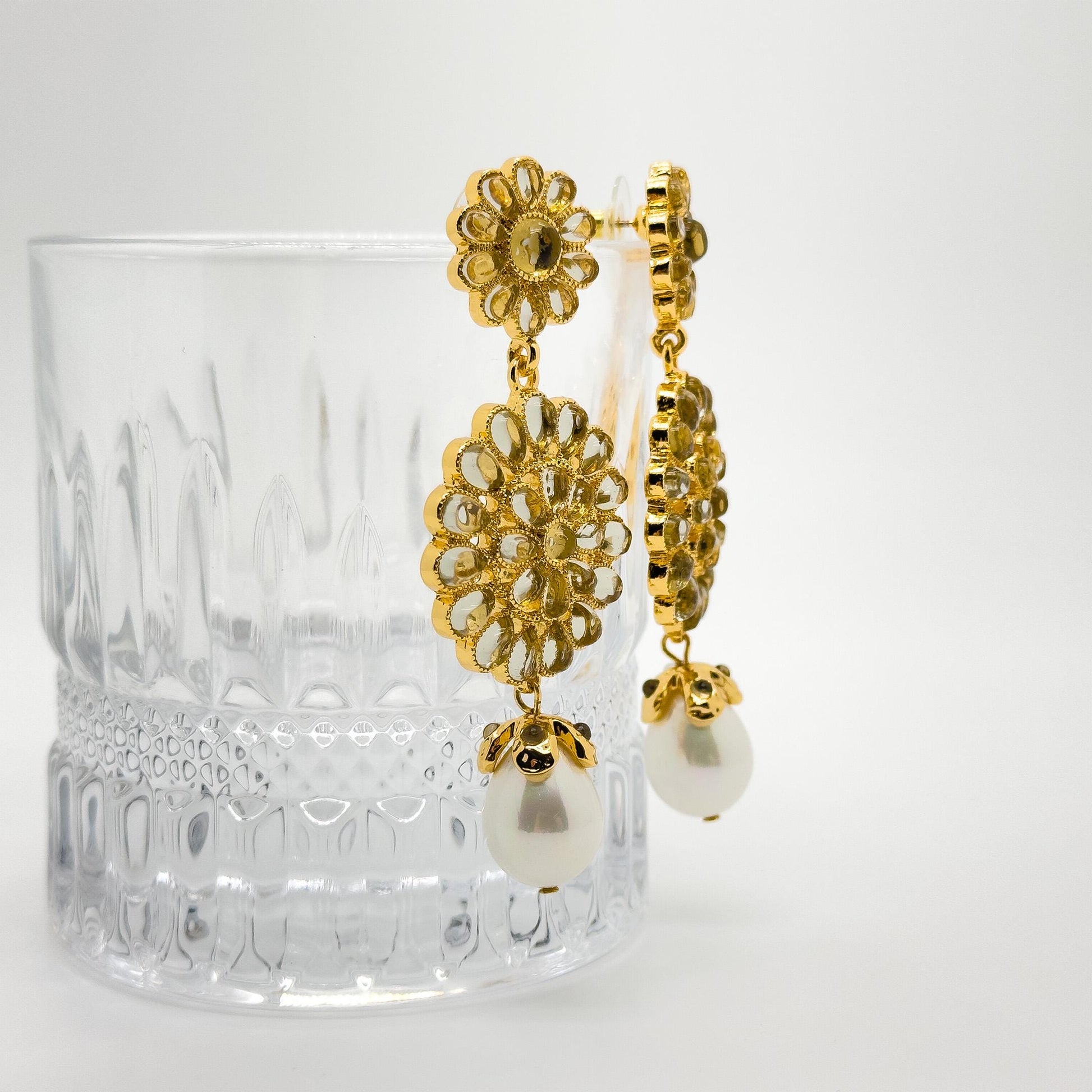 Gold-Plated Sunflower Pearl Tassel Earrings, Floral Vintage French Style