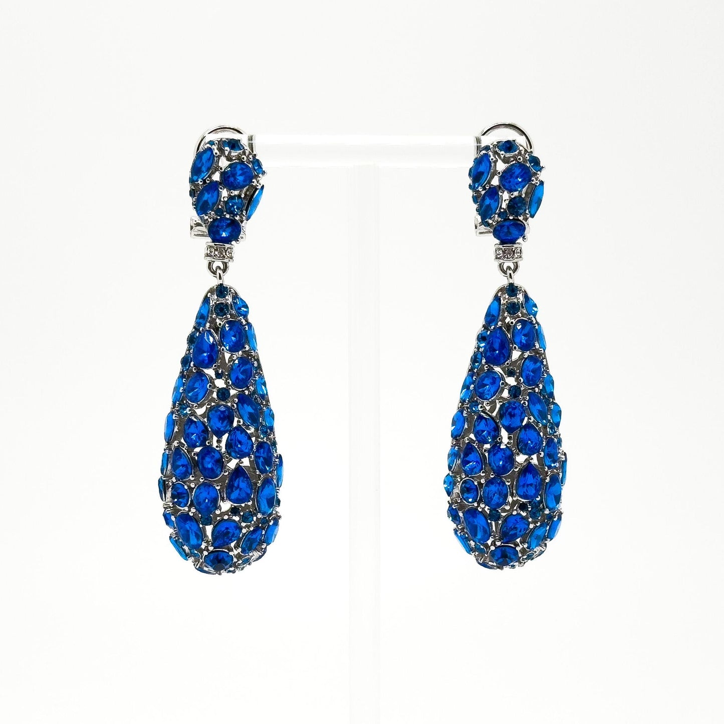 Vintage Blue Drop Rhinestone Earrings with 925 Silver Posts