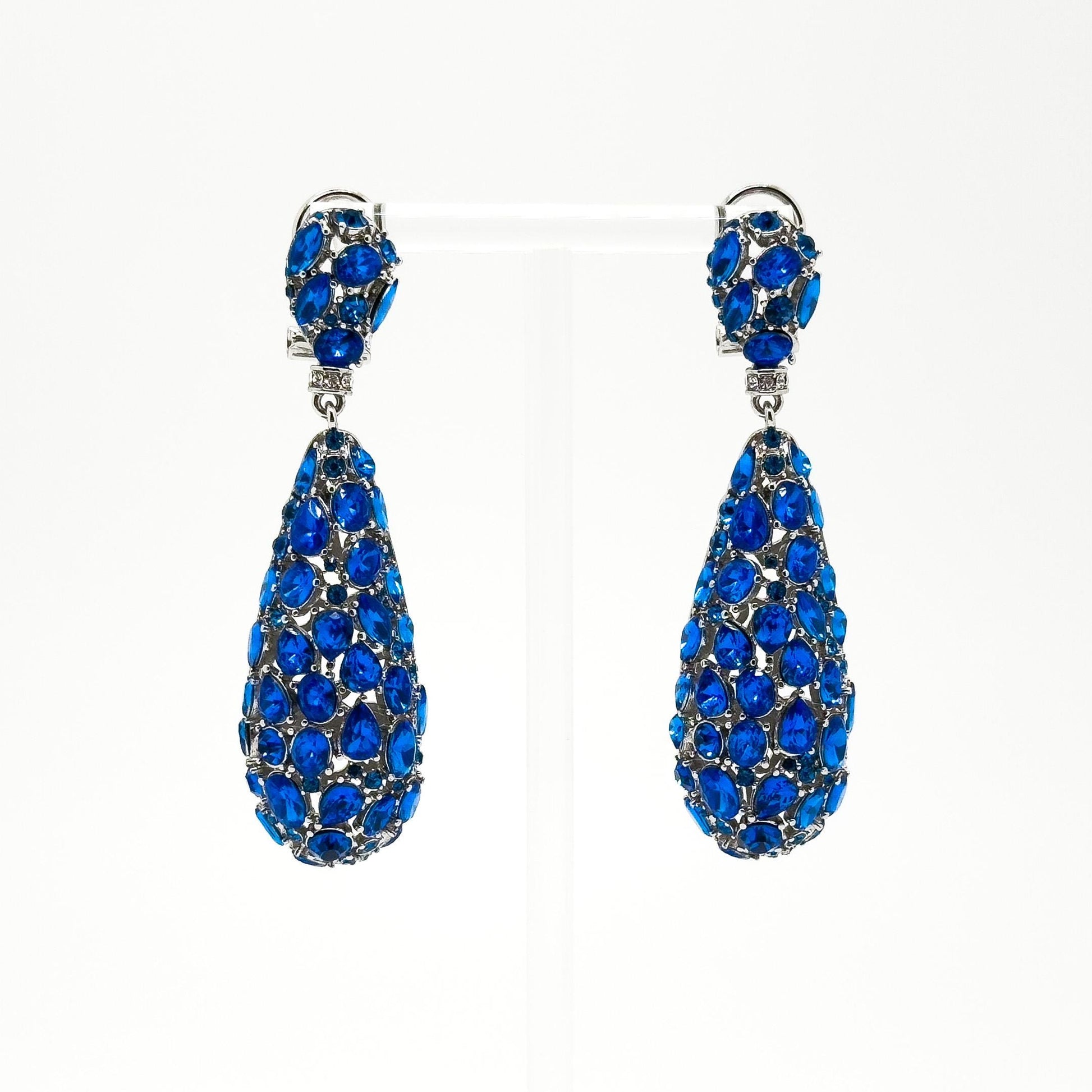Vintage Blue Drop Rhinestone Earrings with 925 Silver Posts