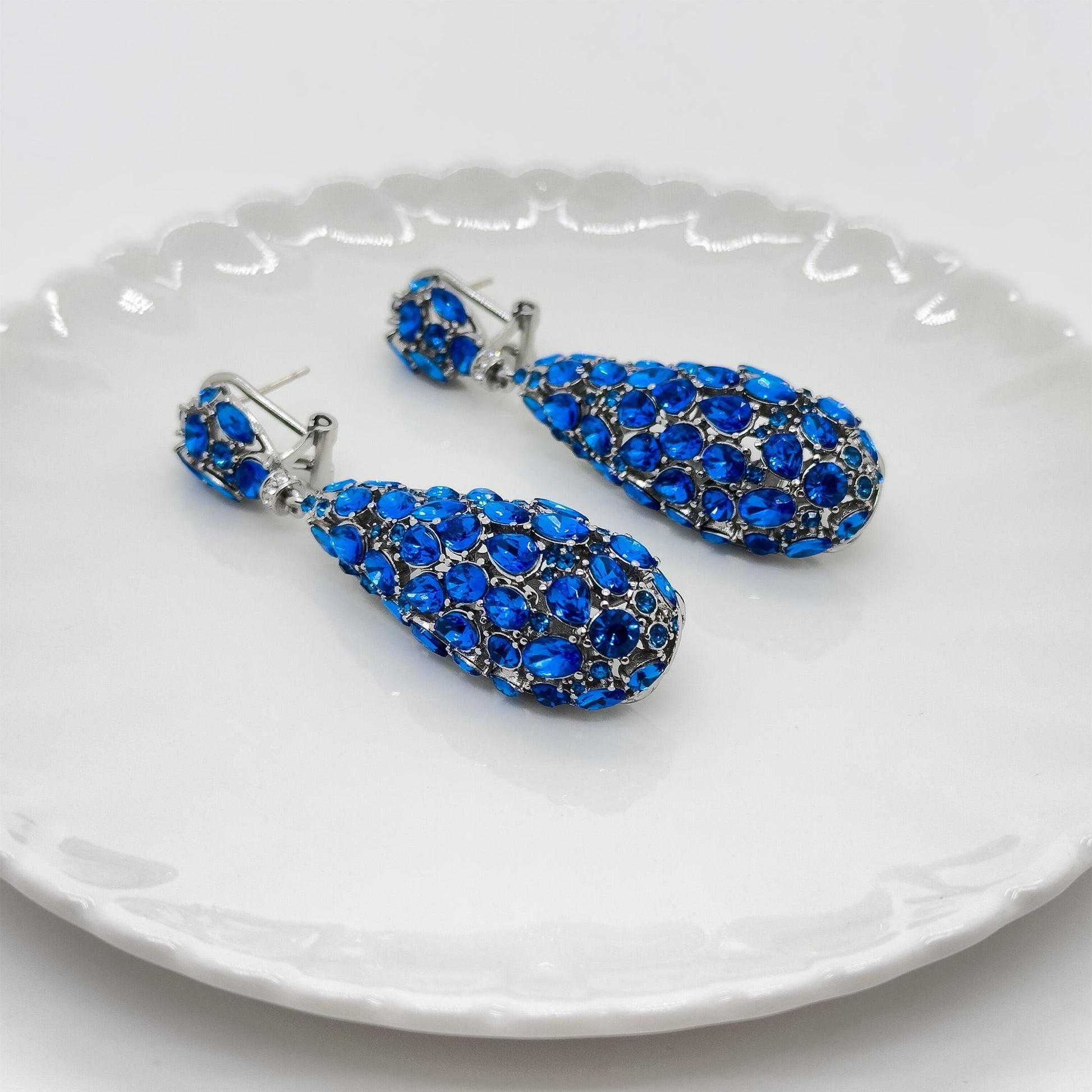Vintage Blue Drop Rhinestone Earrings with 925 Silver Posts