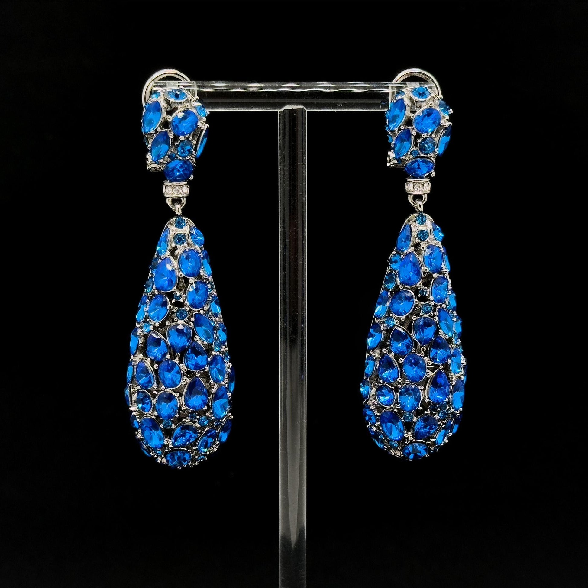 Vintage Blue Drop Rhinestone Earrings with 925 Silver Posts