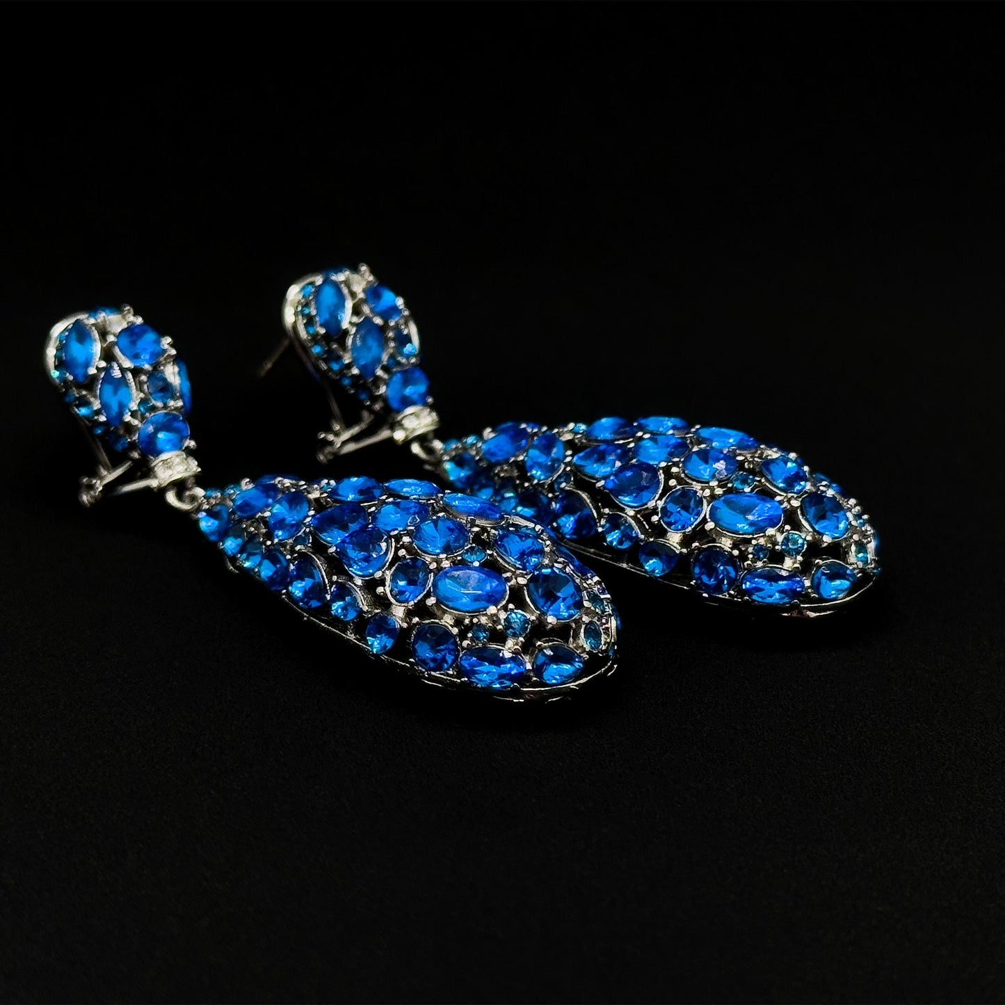Vintage Blue Drop Rhinestone Earrings with 925 Silver Posts