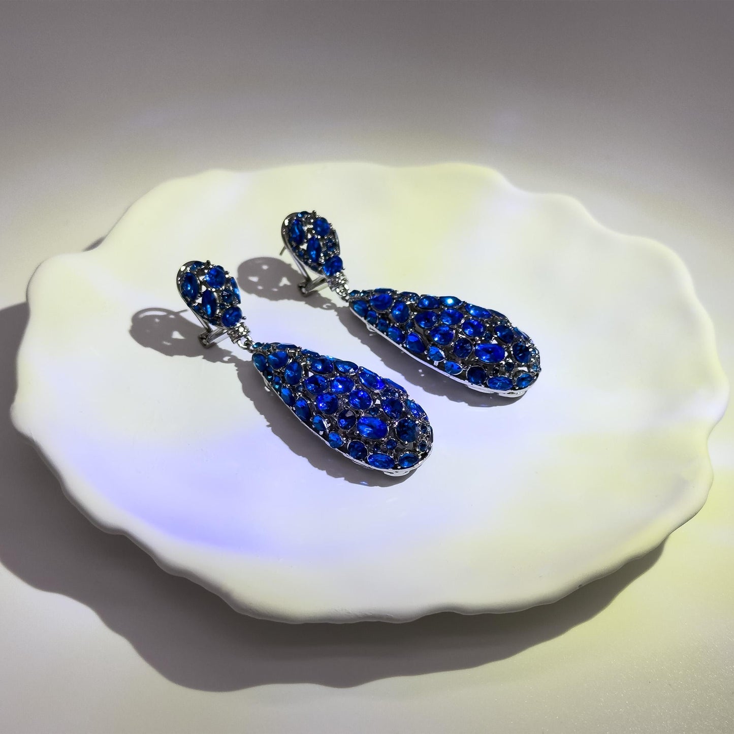 Vintage Blue Drop Rhinestone Earrings with 925 Silver Posts