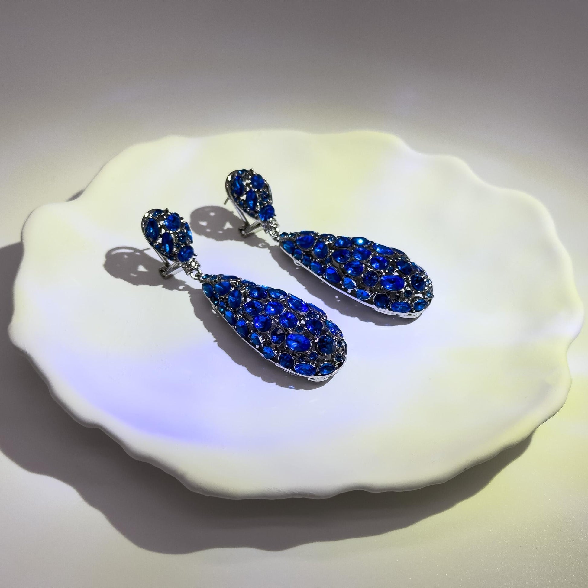 Vintage Blue Drop Rhinestone Earrings with 925 Silver Posts