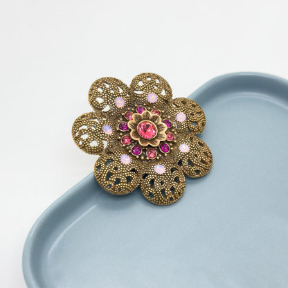 Vintage Art Deco Crystal Sunflower Brooch 3D Copper Gemstone Pin