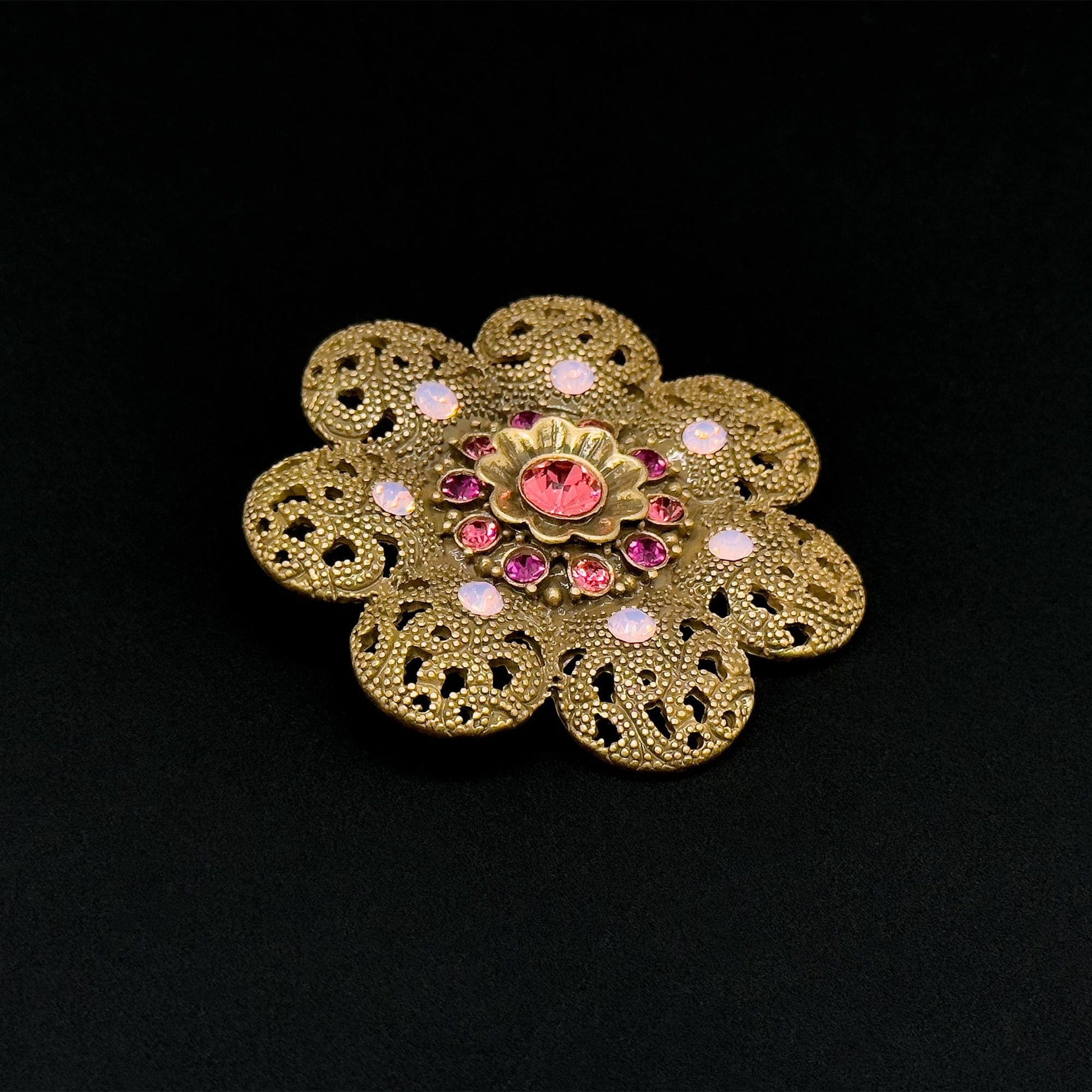 Vintage Art Deco Crystal Sunflower Brooch 3D Copper Gemstone Pin