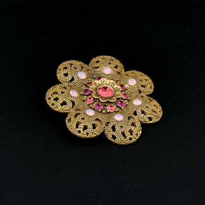 Vintage Art Deco Crystal Sunflower Brooch 3D Copper Gemstone Pin