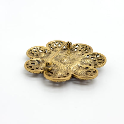 Vintage Art Deco Crystal Sunflower Brooch 3D Copper Gemstone Pin