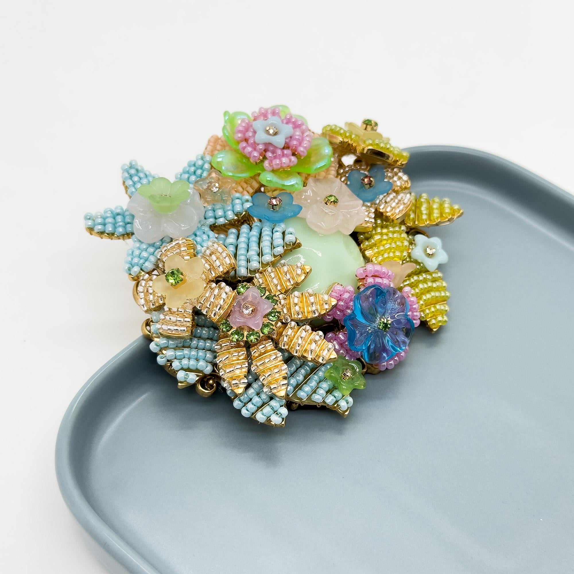 Vintage Art Deco Beaded 3D Flower Brooch Copper Coat Pin