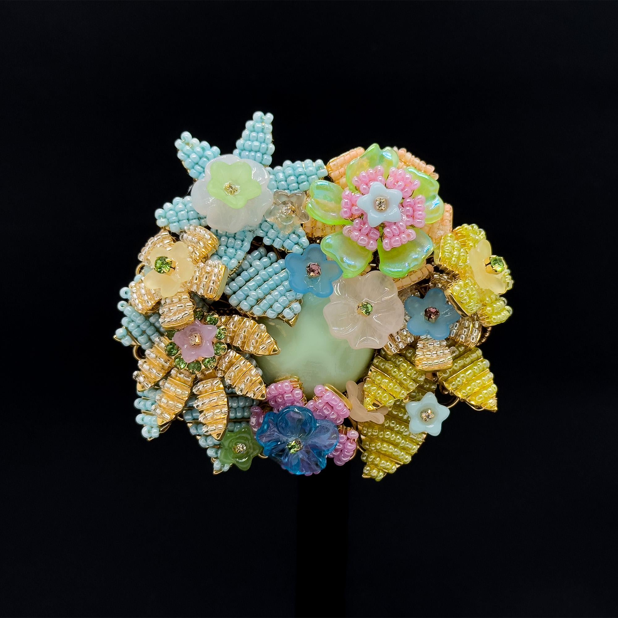 Vintage Art Deco Beaded 3D Flower Brooch Copper Coat Pin