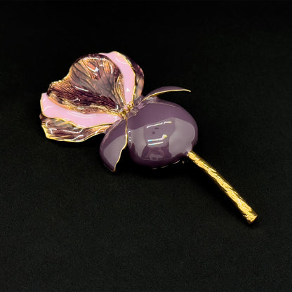 Vintage Art Deco Enamel 3D Flower Brooch Purple Copper Pin