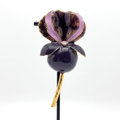 Vintage Art Deco Enamel 3D Flower Brooch Purple Copper Pin