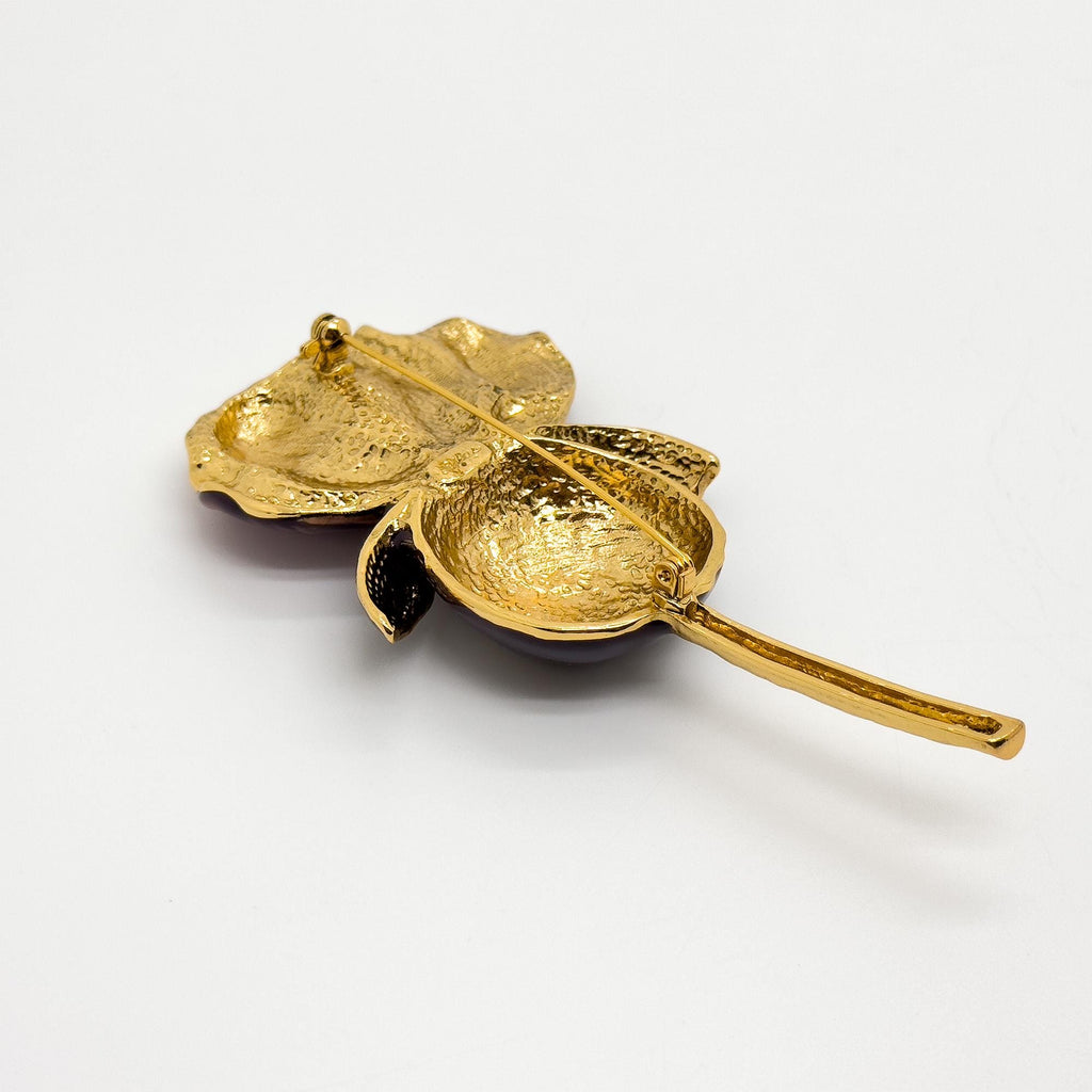 Vintage Art Deco Enamel 3D Flower Brooch Purple Copper Pin