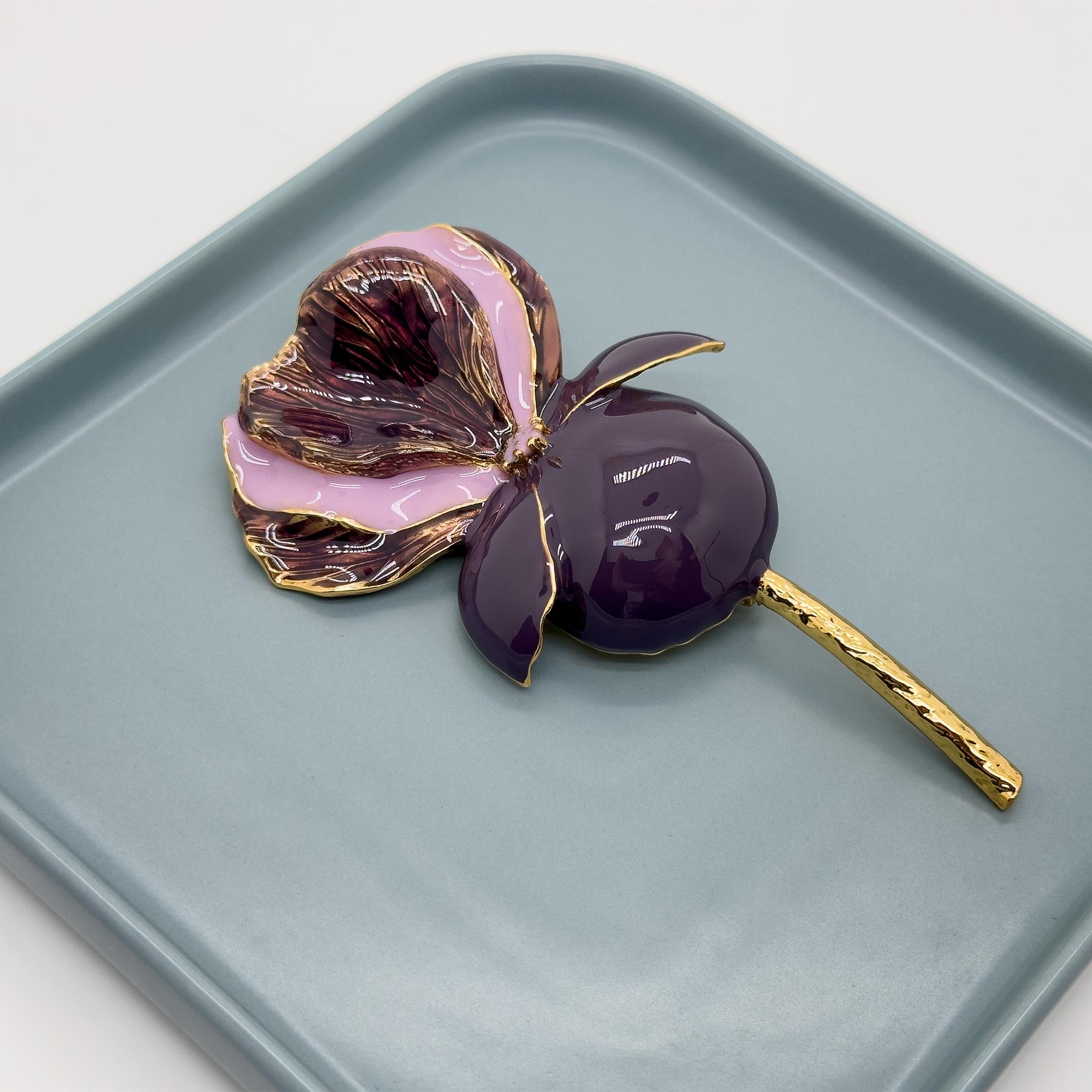 Vintage Art Deco Enamel 3D Flower Brooch Purple Copper Pin