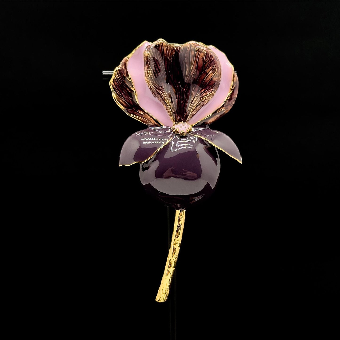 Vintage Art Deco Enamel 3D Flower Brooch Purple Copper Pin