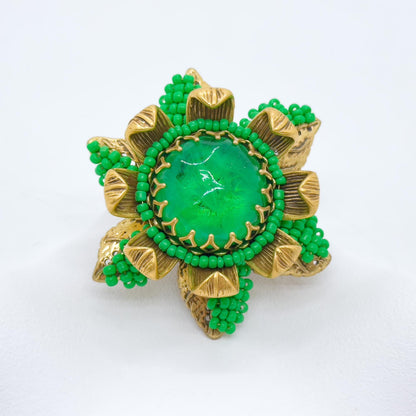 Vintage Art Deco 3D Sunflower Brooch Beaded Green Coat Pin