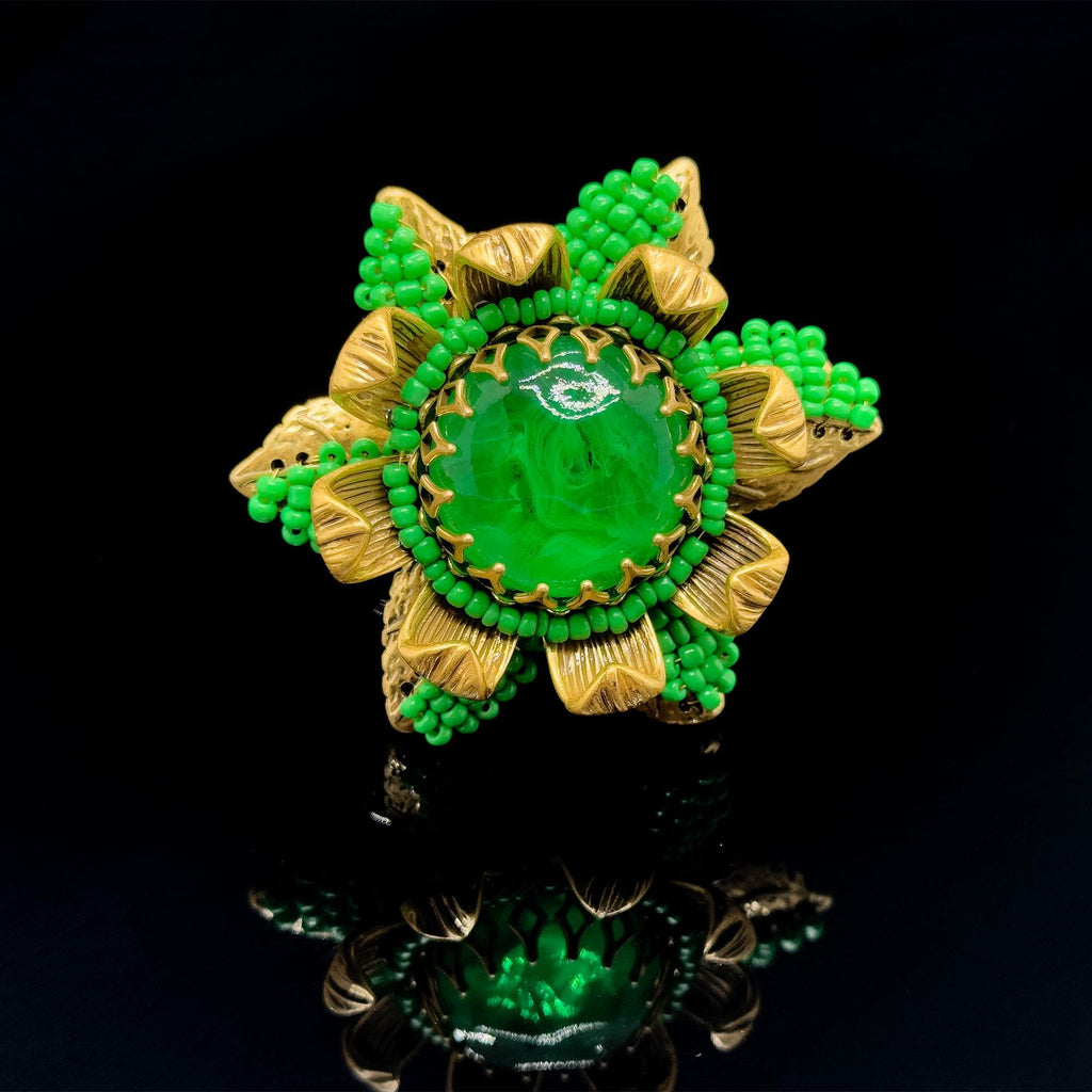 Vintage Art Deco 3D Sunflower Brooch Beaded Green Coat Pin