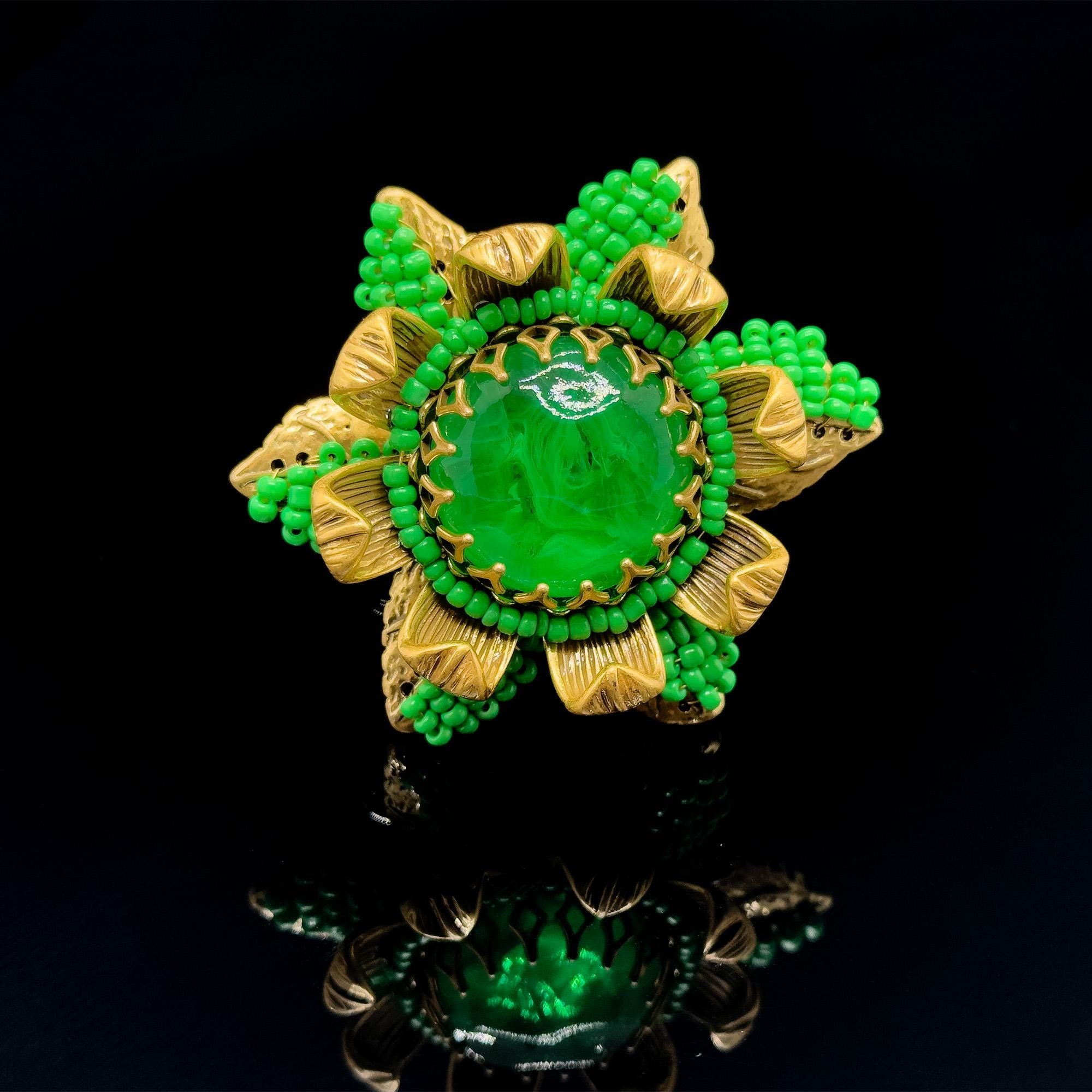 Vintage Art Deco 3D Sunflower Brooch Beaded Green Coat Pin