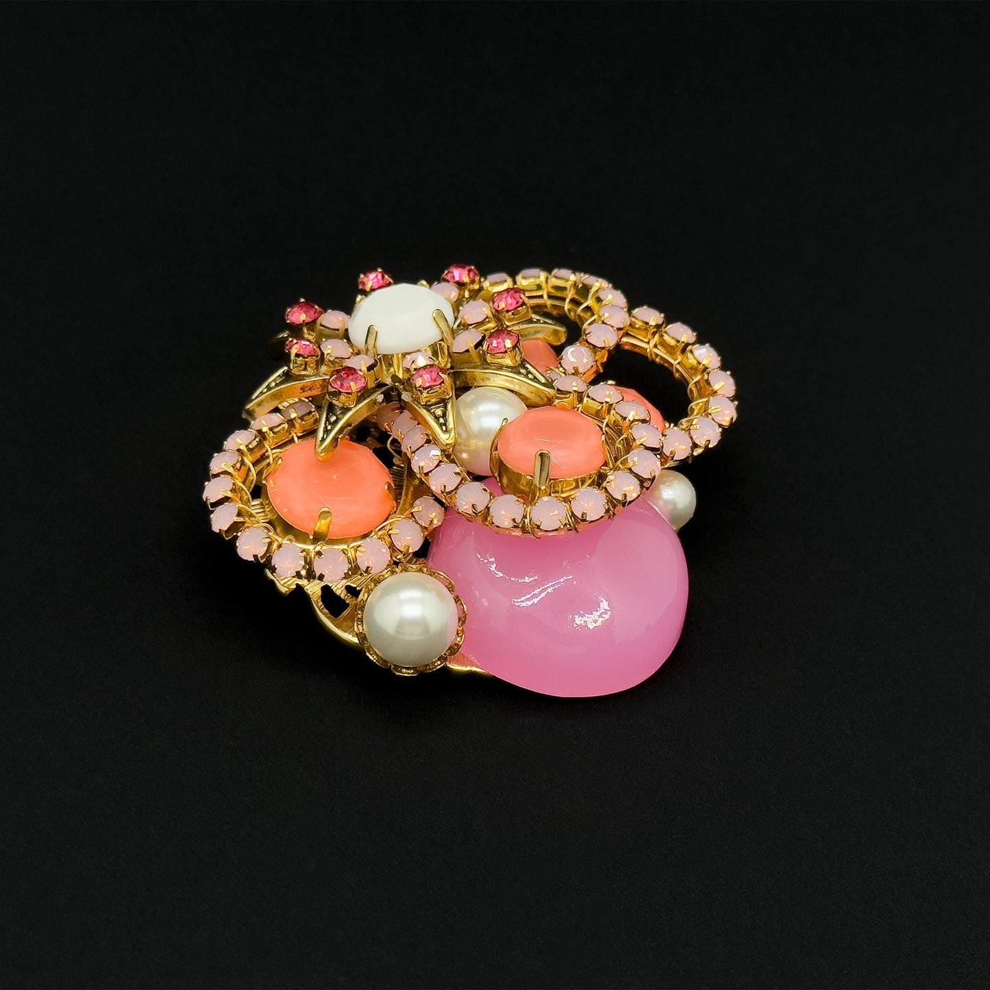 Vintage Art Deco Pink Crystal Pearl Copper Brooch, Festive Pin