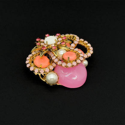 Vintage Art Deco Pink Crystal Pearl Copper Brooch, Festive Pin