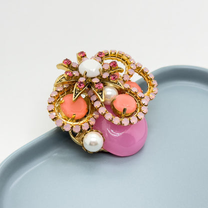 Vintage Art Deco Pink Crystal Pearl Copper Brooch, Festive Pin