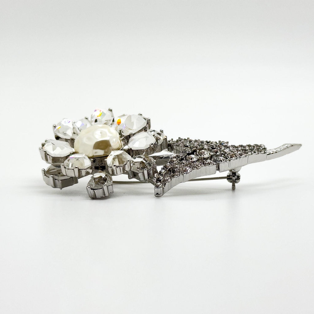 Vintage Art Deco 3D Rose Brooch Copper Glass Pearl Accent