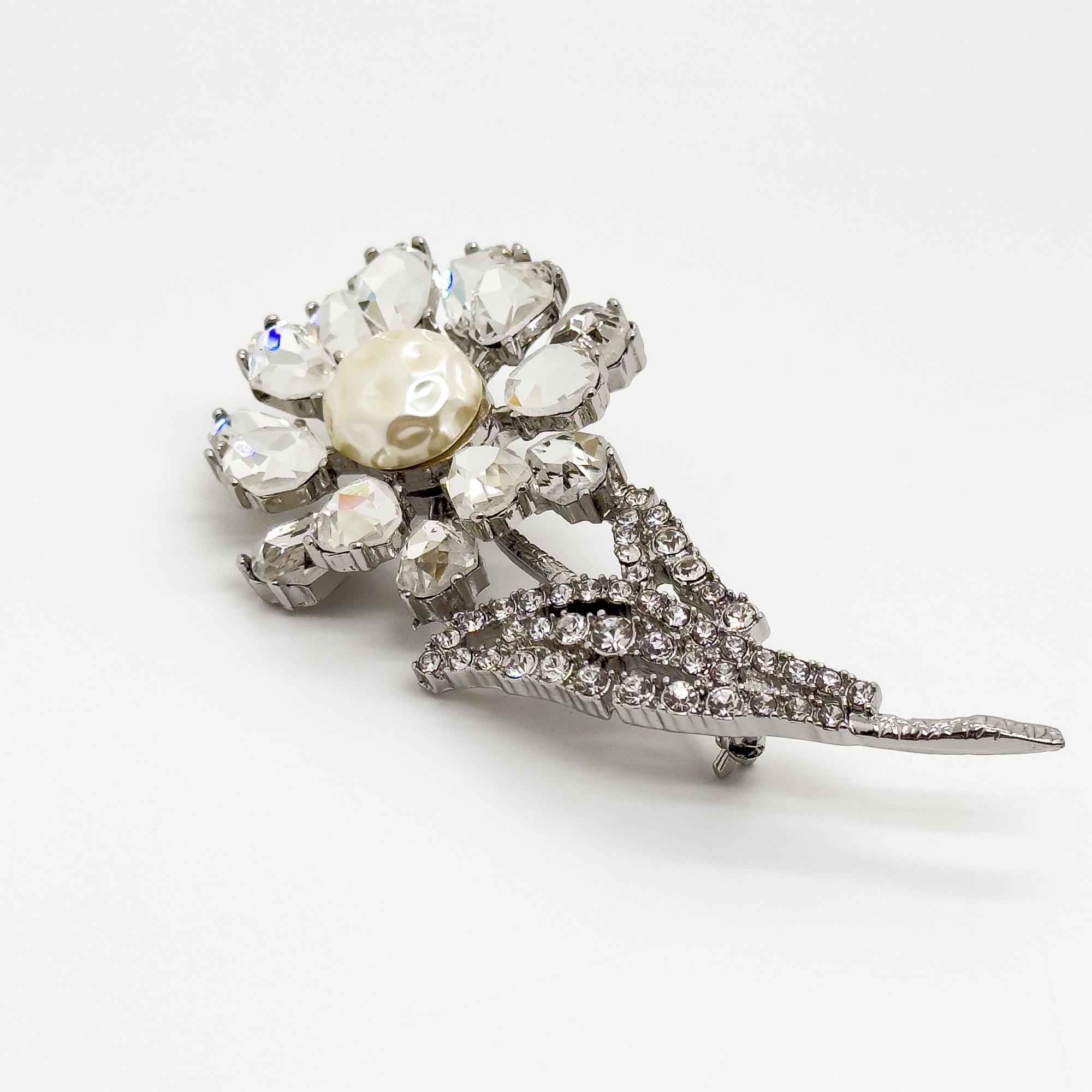 Vintage Art Deco 3D Rose Brooch Copper Glass Pearl Accent