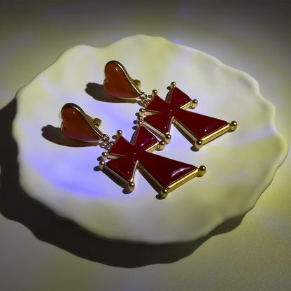 Gold-Plated Heart Drop Earrings with Cross Accent, Gift Boxed
