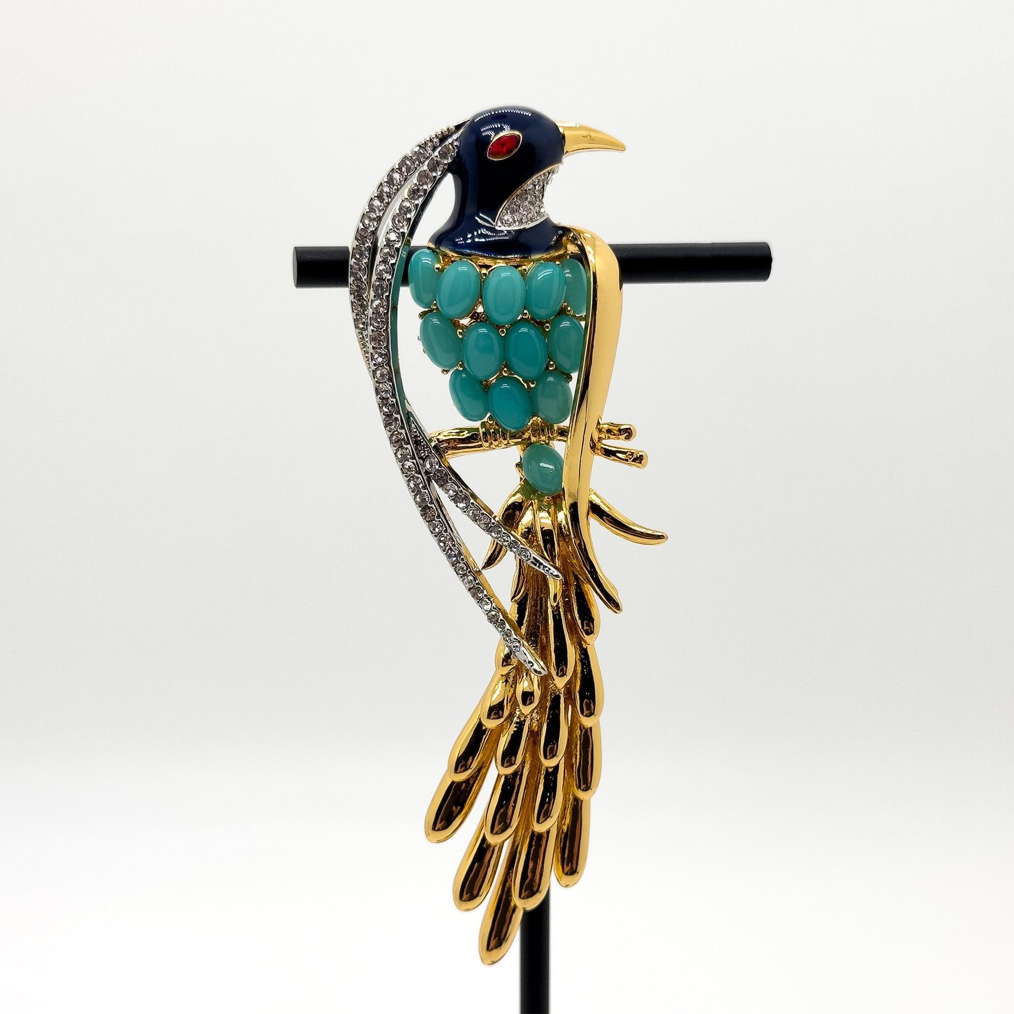 Vintage Art Deco 3D Bird Brooch Gold-Plated Rhinestone Magpie