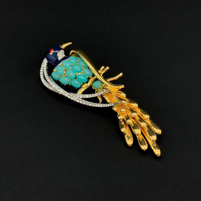 Vintage Art Deco 3D Bird Brooch Gold-Plated Rhinestone Magpie