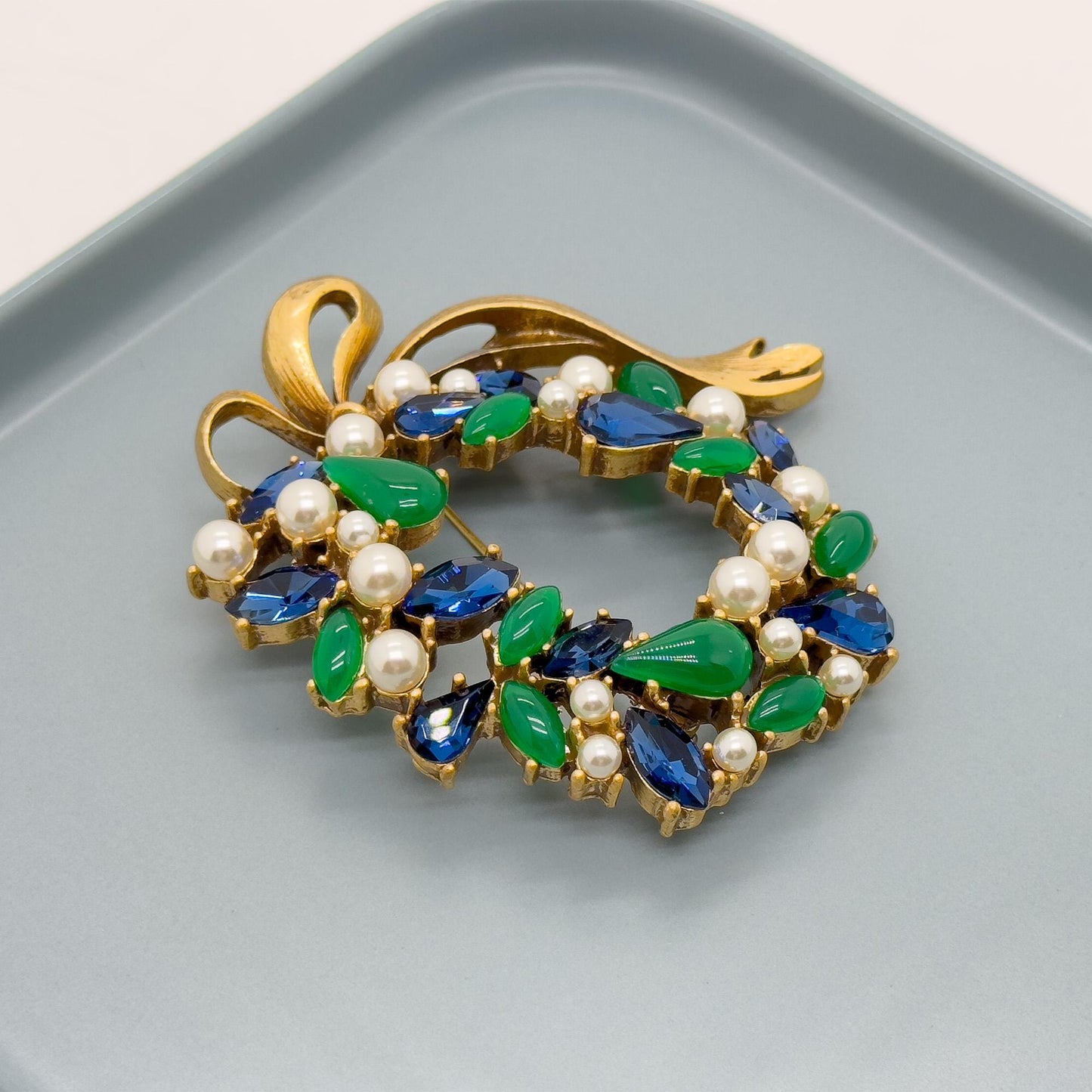 Vintage Art Deco Floral Bow Brooch Glass Pearl Copper 1960s