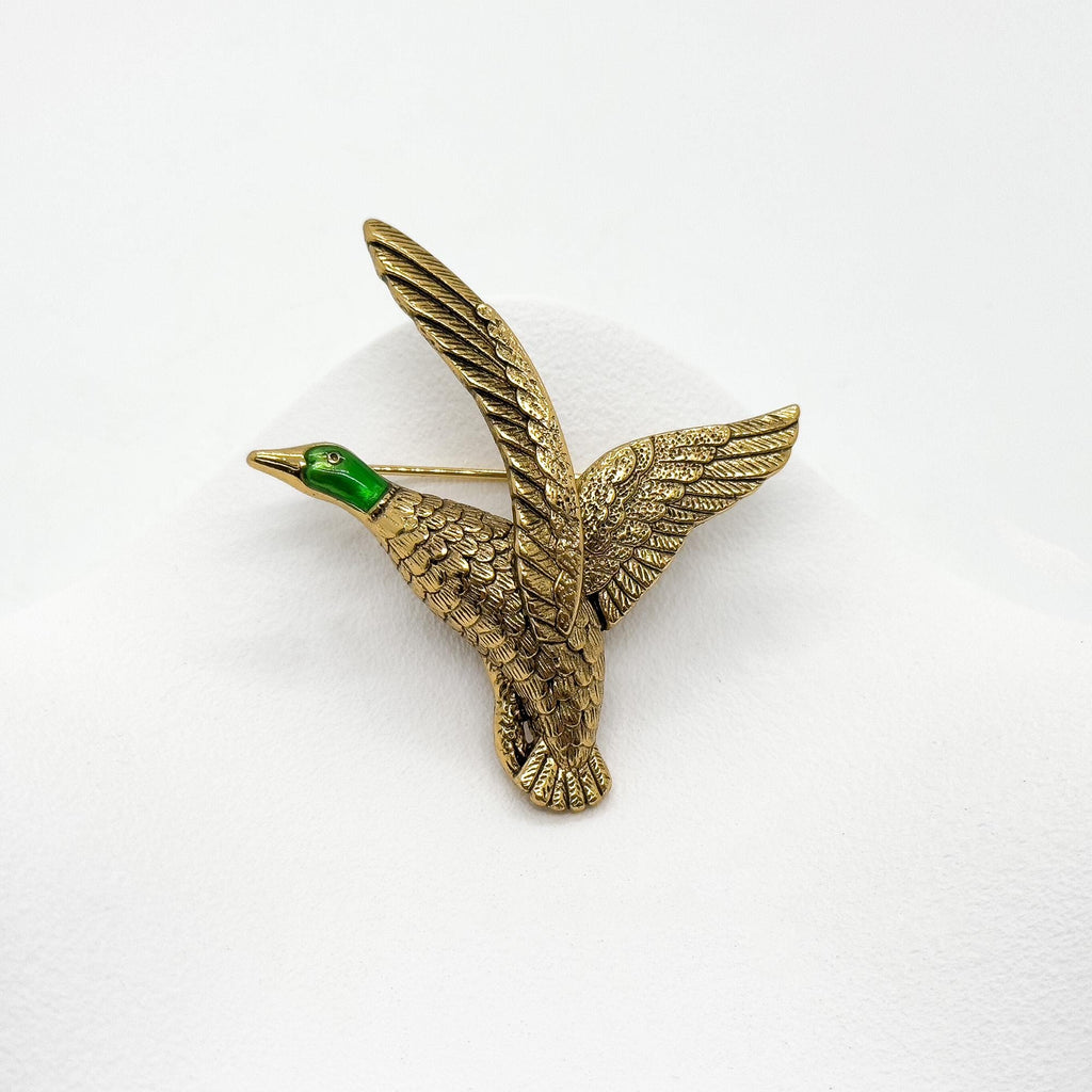 Vintage Art Deco Enamel Egret Brooch Copper 3D Seabird Pin