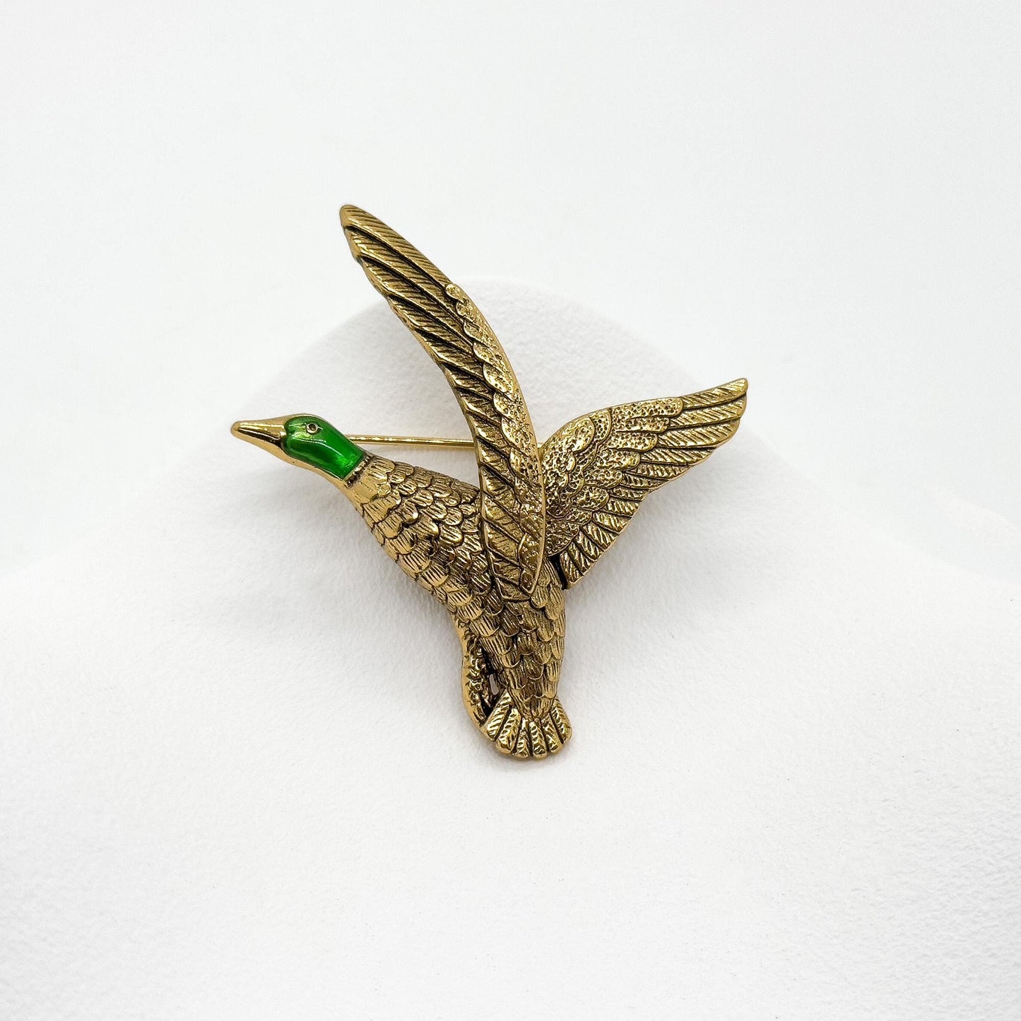 Vintage Art Deco Enamel Egret Brooch Copper 3D Seabird Pin