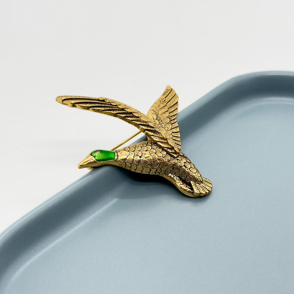 Vintage Art Deco Enamel Egret Brooch Copper 3D Seabird Pin