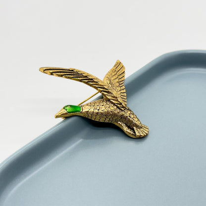 Vintage Art Deco Enamel Egret Brooch Copper 3D Seabird Pin